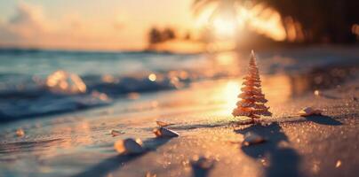 Miniature Christmas Tree on Beach at Sunset With Gentle Waves photo