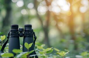 Binoculars Resting Among Green Leaves With Blurred Background in Bright Outdoor Light photo