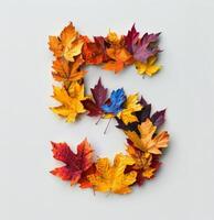 Colorful Autumn Leaves Forming Number Five on White Background photo