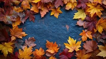 Autumn leaves arranged on a blue background for seasonal decoration photo