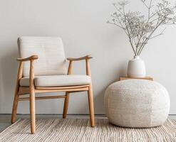 Cozy Living Space With Wooden Chair, Knitted Pouf, And Decorative Vase photo