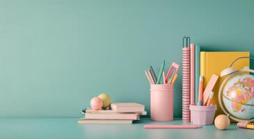 Colorful Office Supplies Next to a Globe on a Desk With a Green Background photo