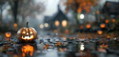 Glowing Jack-O-Lantern on Rainy Halloween Night in a Cobblestone Street photo