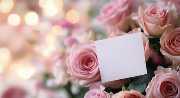 Elegant arrangement of pale roses with a blank card in a soft, romantic setting photo