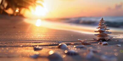 Miniature Christmas Tree on Beach at Sunset With Gentle Waves photo