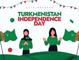 Turkmenistan Independence Day 27th October banner, post. Independence day of Turkmenistan celebration banner with its flags, girl characters holding flags vector