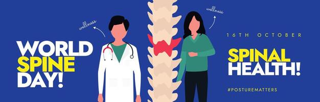 16th October spine day celebration cover banner with a doctor, nurse character, inside view of spine vector