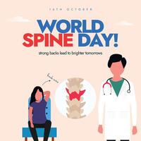 16th October Spine day celebration banner with inside view of spine of a patient with pain point of patient, physiotherapist vector
