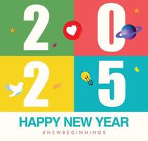 2025 Happy new year. New year 2025 celebration banner, post, background with numbers written in separate colourful boxes, icons of heart, dove bulb vector