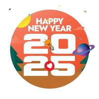 2025 New year cover banner. Happy new year 2025 celebration banner with 2025 written inside a circle with icons of heart, planet, bulb, sunset view. vector