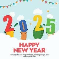 New year 2025 cute banner with different vegetables and fruits wearing chef's hat holding colourful numbers of 2, 0, 2, 5. vector