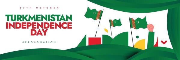 27th October Independence day of Turkmenistan celebration cover banner with its flags, abstract art in flag colours, hand fists in air. vector