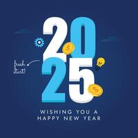 2025 Happy new year wishing banner, card, post. New year 2025 conceptual banner, post design with finance icons, signs bar chart, pie charts vector