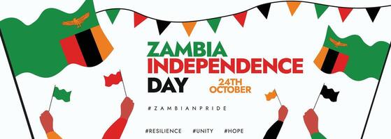 Zambia Independence Day. 24th October Zambia Independence Day celebration cover banner, background with its flags, hands holding its flags, text written in flag colours vector