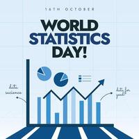 16th October Statistics day celebration banner with growth states in form of bar graphs, pie charts in blue theme vector