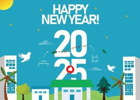 New year 2025. Happy new year 2025 celebration banner with a city view having houses, buildings, trees and numbers 2025 vector
