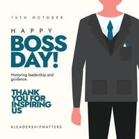 Boss day. 16th October Happy Boss day celebration banner with a man in suit, boss character in front of an office vector