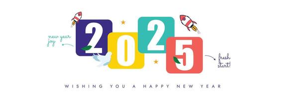 2025 New year cover banner. Happy new year 2025 celebration cover banner, post with 2025 written in colourful blocks, spaceships flying. Arrows with text fresh start, new year joy. Template design vector
