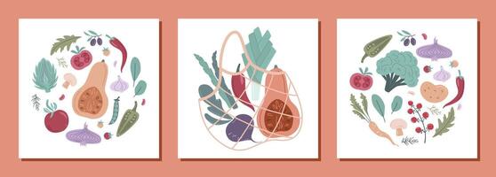 Set of colourful vegetable icons. Vegetables in a circle and in eco bag. Healthy lifestyle illustration for print, web. Cute hand-drawn eco packaging and zero waste concept. in flat style vector