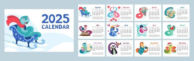 12 horizontal pages with Chinese New Year symbol. 2025 calendar with cute snake illustrations for each month. Colorful and playful snake characters representing different seasons and holidays. vector