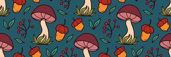 Autumn seamless pattern with mushrooms. perfect for seasonal textiles, wallpaper, wrapping paper, greeting cards, and home decor. Beautiful woodland garden in nature. doodle illustration. vector