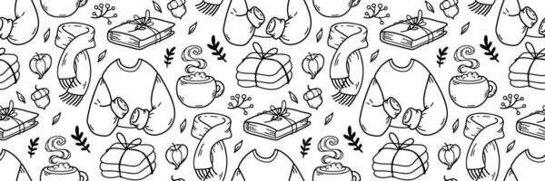 Cozy Autumn outline seamless pattern. hand drawn doodle warm sweater, scarf, stack of soft clothes. Cozy autumn background. Bookish melancholic mood. For wallpaper, invitation. illustration. vector