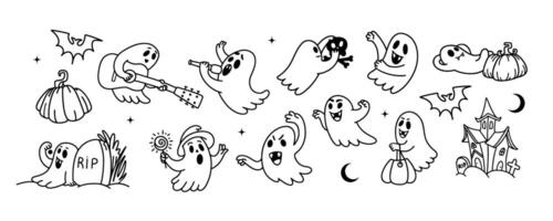 Happy Halloween doodle ghost set. Collection of Different cute spooky boo characters for sticker pack. Happy Halloween background with outline ghost, Pumpkin, tombstone, bat, house illustration vector