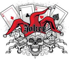 skull in joker cap and playing cards and dice vector
