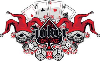 skull in joker cap and playing cards, aces and dice vector