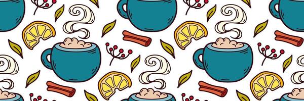 Autumn seamless pattern with hot drink. Cozy background with mug of hot cocoa, cinnamon and lemon. For wallpaper or fabric, packaging, brand, market, cafe, menu. doodle illustration. vector