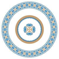 Ornamental Oriantal elements and motifs of Kazakh, Kyrgyz, Uzbek, national Asian decor for plate, textile, print design, For sandblaster. Round Oriantal Frame golden blue, workpiece for your design. vector