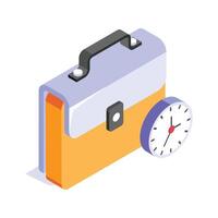 Business briefcase with clock, working time isometric vector