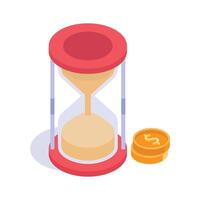 An hourglass with a coin, financial planning, time is money isometric icon vector