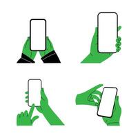 Four hands holding a smartphone in different positions. vector