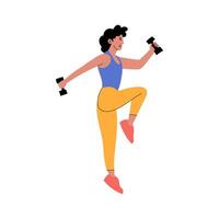 A woman enjoys her daily exercise with dumbbells. vector