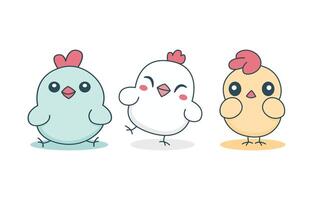 Set of Simple Happy Smile Cute Chicken Chick Hen Animal Cartoon Character vector