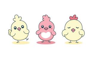 Set of Simple Happy Cute Chicken Chick Hen Animal Cartoon Character vector