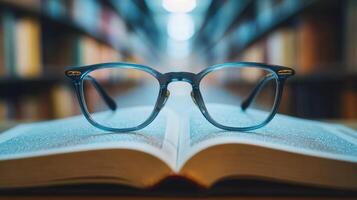 Glasses resting on an open book in a library filled with bookshelves during daylight photo
