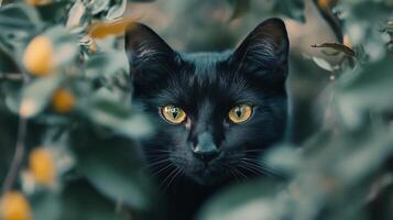 A black cat observes its surroundings in a vibrant garden during the late afternoon light photo