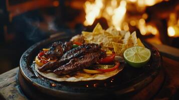 Grilled steak served with lime and tortilla chips by a warm campfire at dusk photo