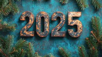 New Year's celebration 2025 symbolized by vintage numbers surrounded by evergreen branches photo