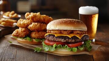 Delicious burger with cheese, fresh vegetables, and fried chicken served with a cold beer photo