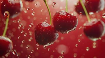 Fresh cherries splashing in water droplets against a vibrant red background during summer photo