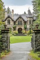 Stunning mansion with stone facade and lush gardens in a wooded setting photo