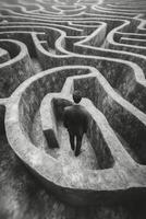 A person standing at the entrance of a maze in a minimalist concrete environment during daytime photo