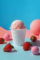 Delicious pink strawberry ice cream surrounded by fresh strawberries on a blue background photo
