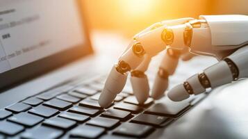 A robotic hand reaches out to connect with a laptop keyboard in a futuristic digital environment photo