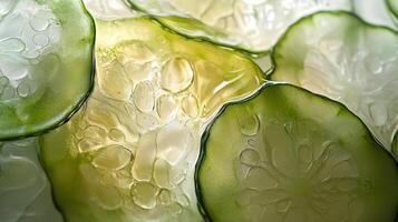 Fresh cucumber slices soaked in water with bubbles, creating a refreshing beverage effect photo
