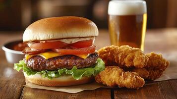 Delicious burger with cheese, fresh vegetables, and fried chicken served with a cold beer photo