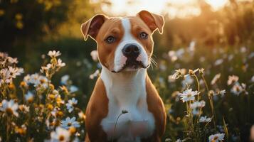 A friendly dog sits calmly in a vibrant field of wildflowers during a golden sunset photo